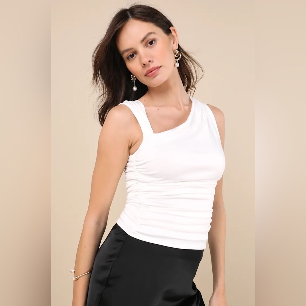 Lulus Ikuko Ivory Asymmetrical Ruched Sleeveless Top